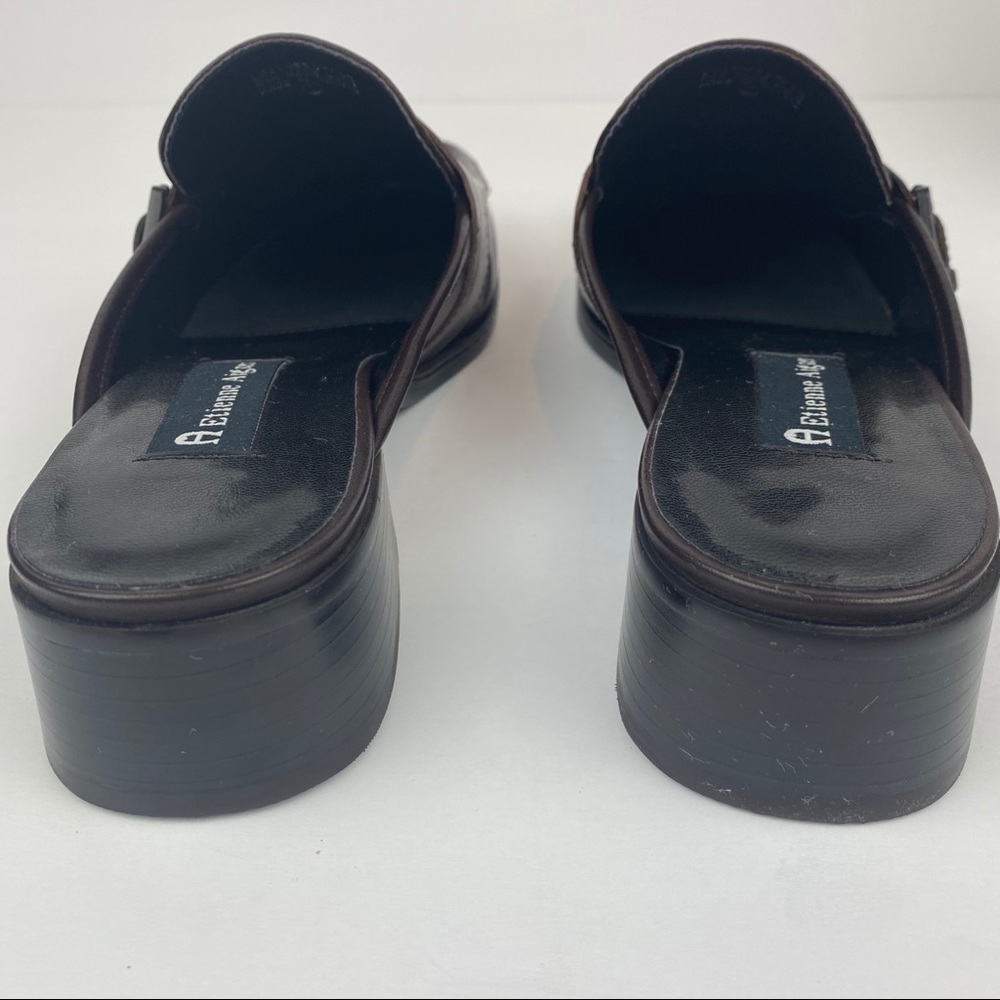 ETIENNE AIGNER Brown Croc‑Embossed Leather Mules Sz 7 1½" Heel Slip‑On Loafer - Picture 6 of 9